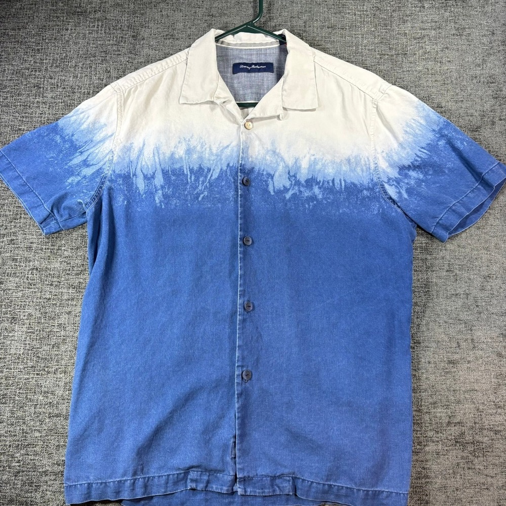 Tommy Bahama Button Up Shirt Mens L Blue Cream Silk Ombre Dip Dye Short Sleeve